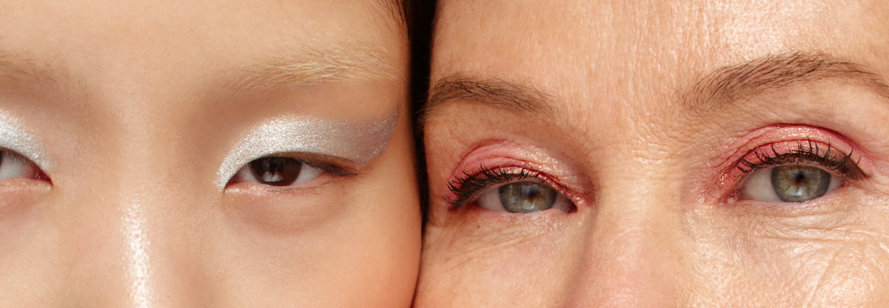two models looking into the camera, one with silver eyeshadow and the other with pink eyeshadow