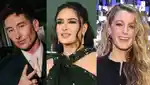 Three images of Salma Hayek, Barry Keoghan and Blake Lively.
