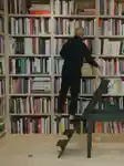 Costa Brazil in front of his expansive book shelf in his New York home