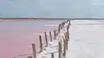 A coastal scene with crystalline white sand and light pink water.