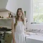 Moon Juice Founder Chantal Bacon in her kitchen in California wearing a white dress