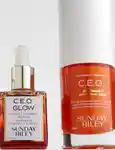 Sunday riley products lined up: ceo glow facial oil, ceo vitamin c brightening serum